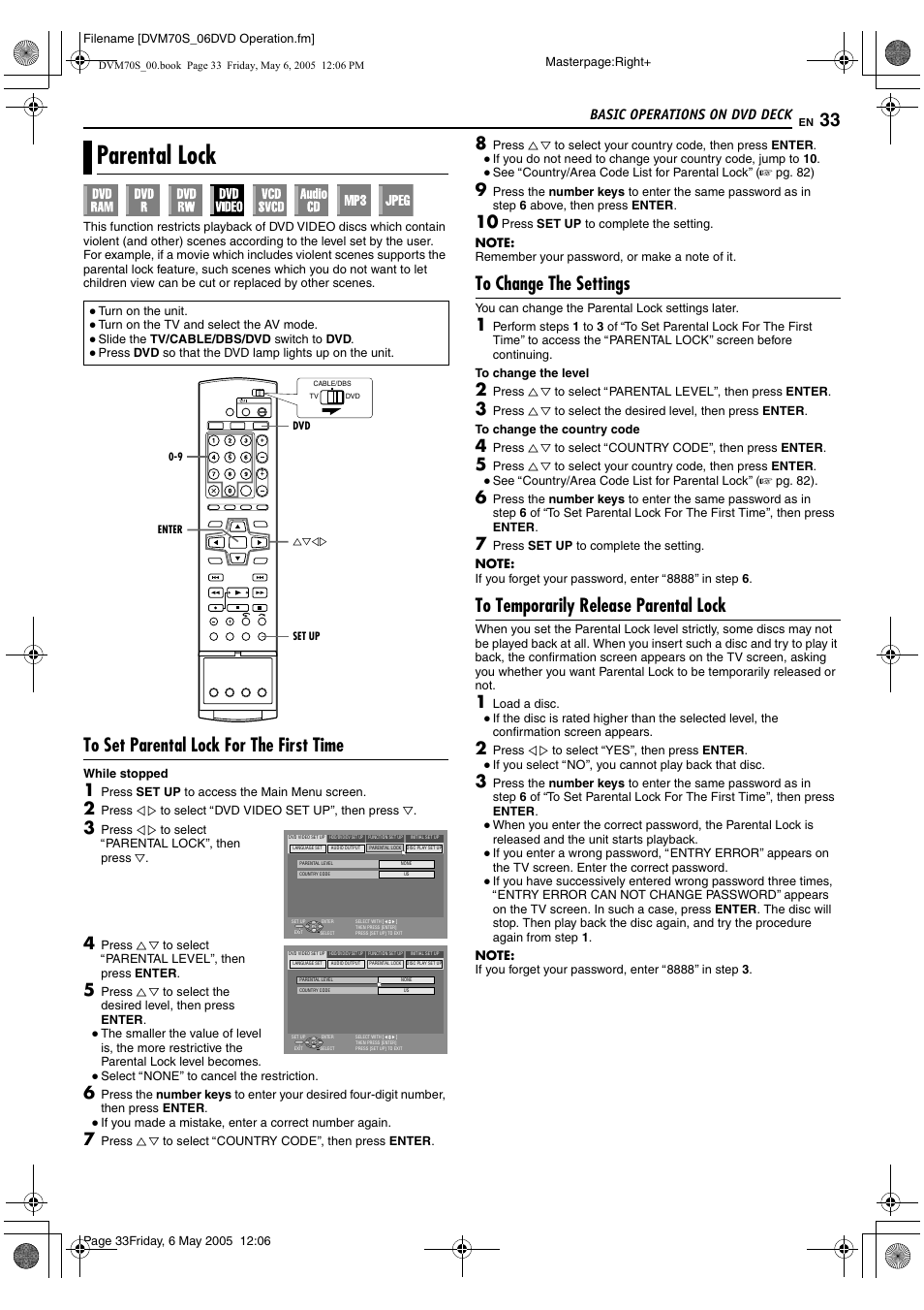 Parental lock, To set parental lock for the first time, To change the settings | To temporarily release parental lock, Basic operations on dvd deck | JVC SR-DVM70US User Manual | Page 33 / 92