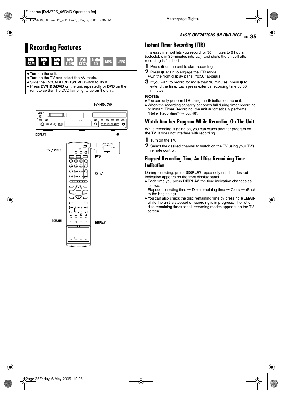 Recording features, Instant timer recording (itr), Watch another program while recording on the unit | JVC SR-DVM70US User Manual | Page 35 / 92