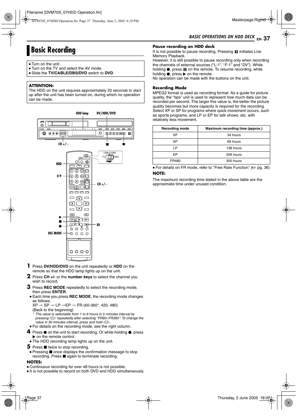 Basic operations on hdd deck, Basic recording | JVC SR-DVM70US User Manual | Page 37 / 92