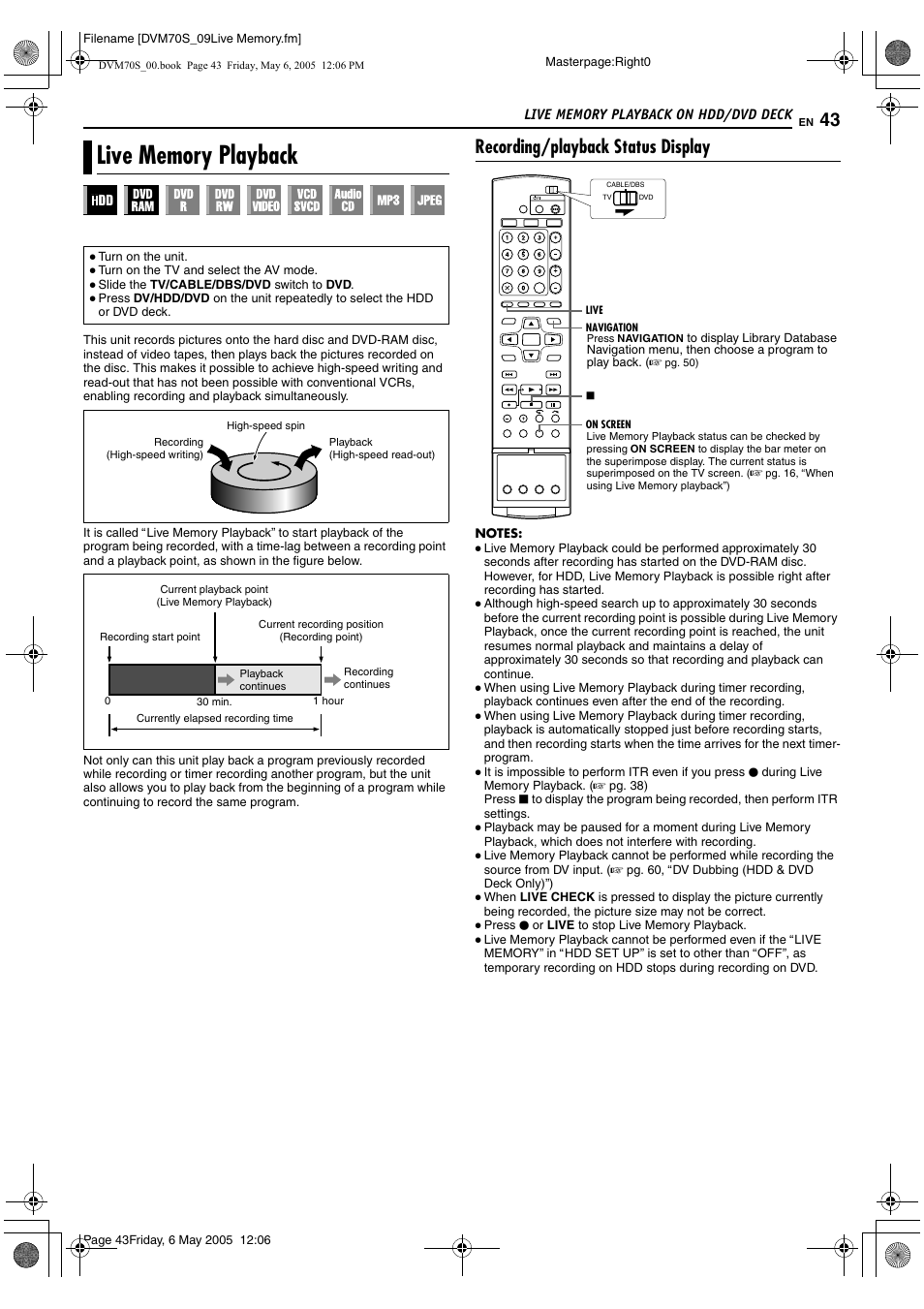Live memory playback on hdd/dvd deck, Live memory playback, Recording/playback status display | JVC SR-DVM70US User Manual | Page 43 / 92