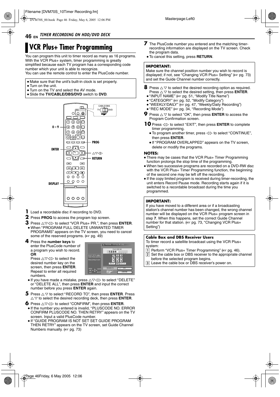 Timer recording on hdd/dvd deck, Vcr plus+ timer programming | JVC SR-DVM70US User Manual | Page 46 / 92