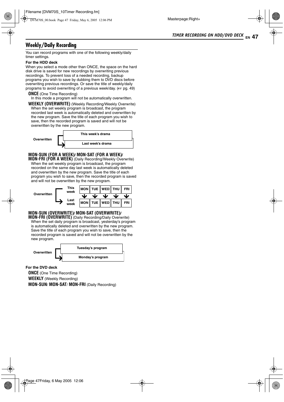 Weekly/daily recording | JVC SR-DVM70US User Manual | Page 47 / 92