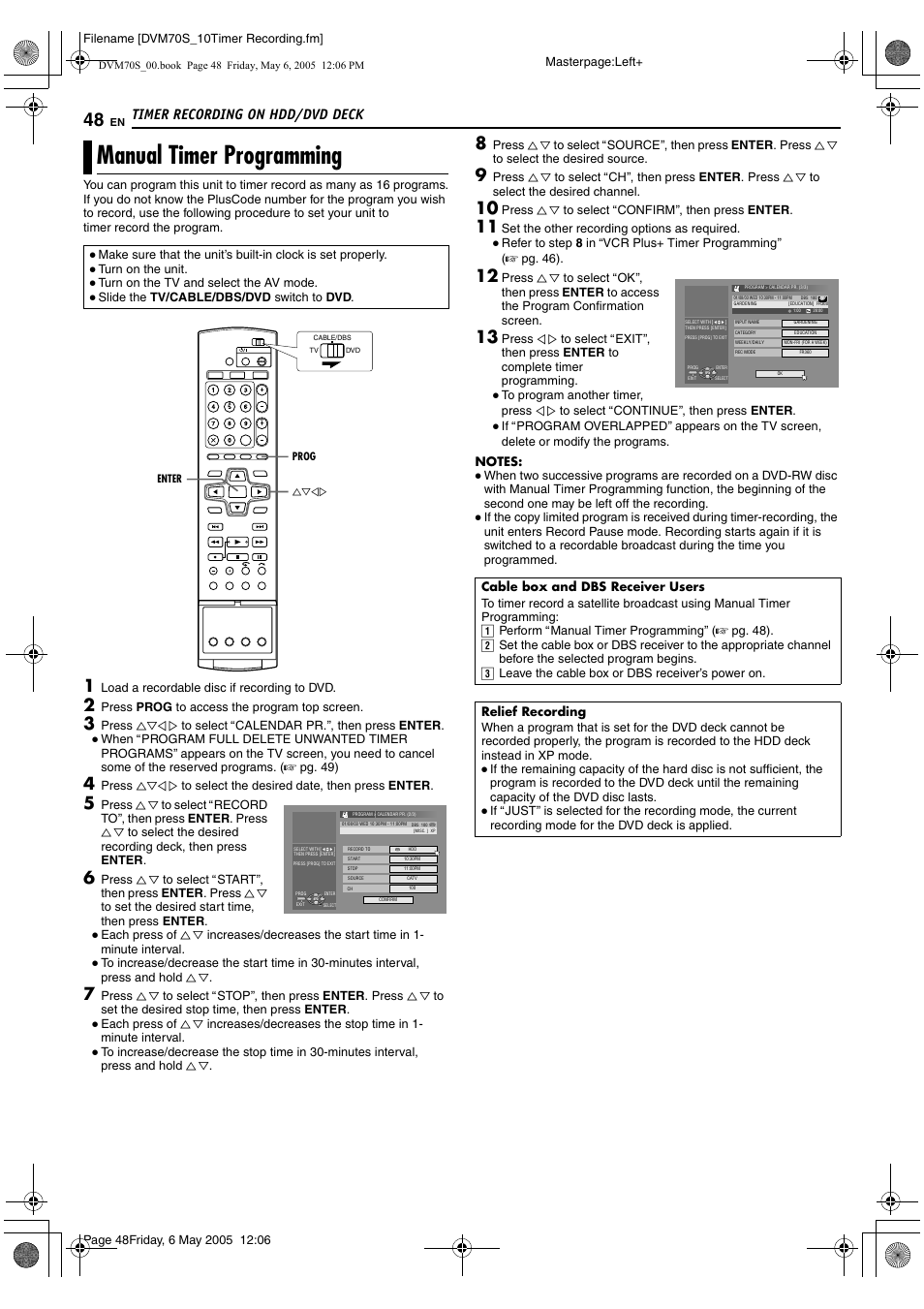 Manual timer programming, Timer recording on hdd/dvd deck | JVC SR-DVM70US User Manual | Page 48 / 92