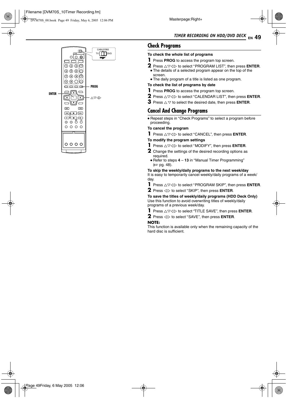 Check programs, Cancel and change programs | JVC SR-DVM70US User Manual | Page 49 / 92