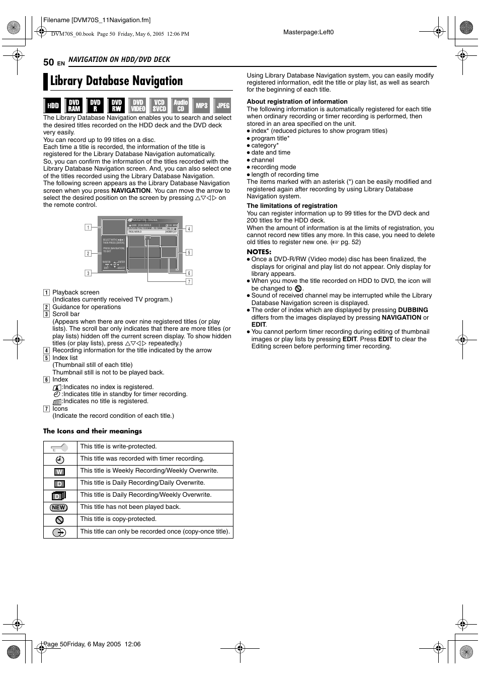 Navigation on hdd/dvd deck, Library database navigation | JVC SR-DVM70US User Manual | Page 50 / 92