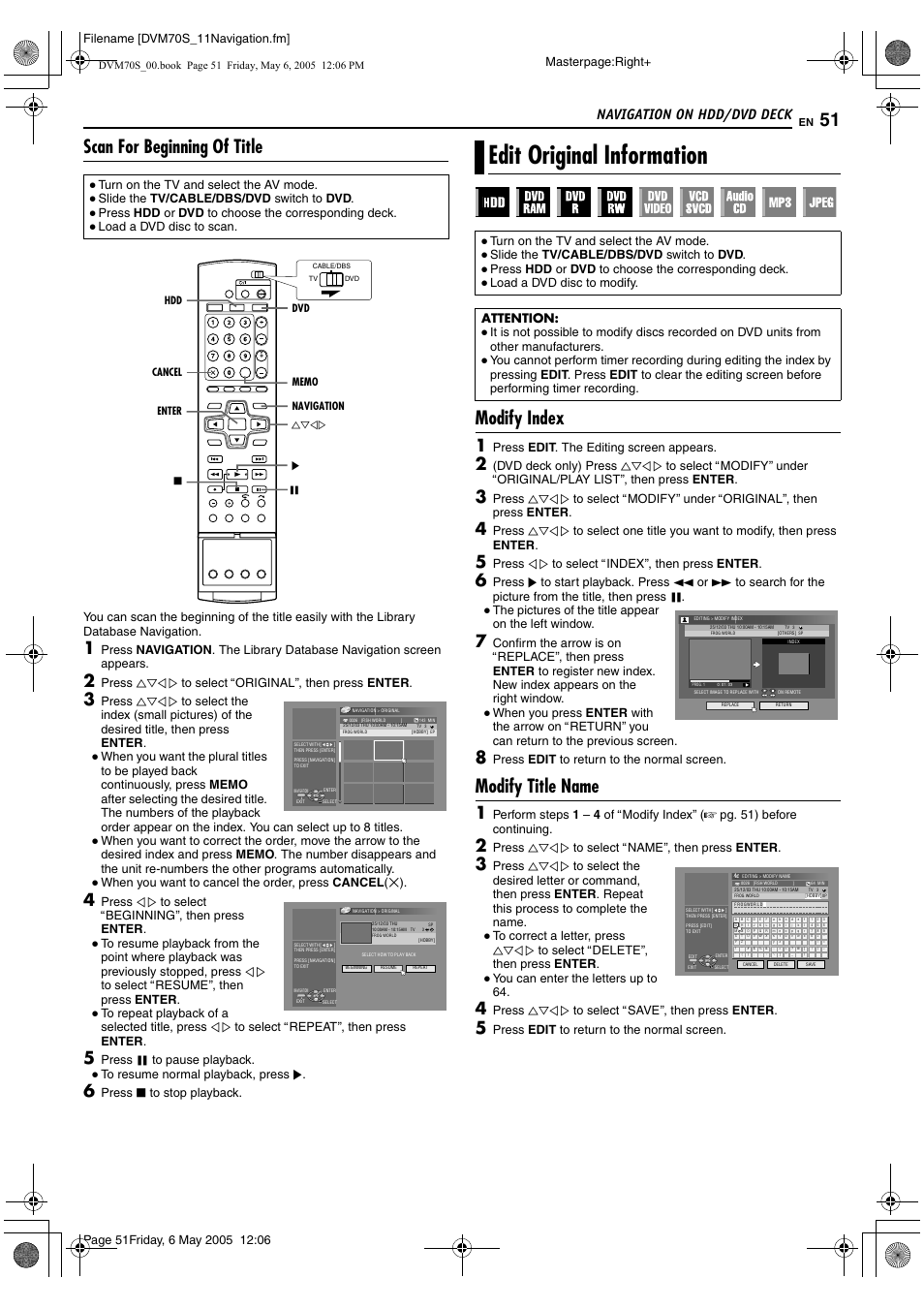 Scan for beginning of title, Edit original information, Modify index | Modify title name, Navigation on hdd/dvd deck, Masterpage:right, Filename [dvm70s_11navigation.fm, Press fgd e to select aoriginalb, then press enter, Press d e to select abeginningb, then press enter, Press w to pause playback | JVC SR-DVM70US User Manual | Page 51 / 92