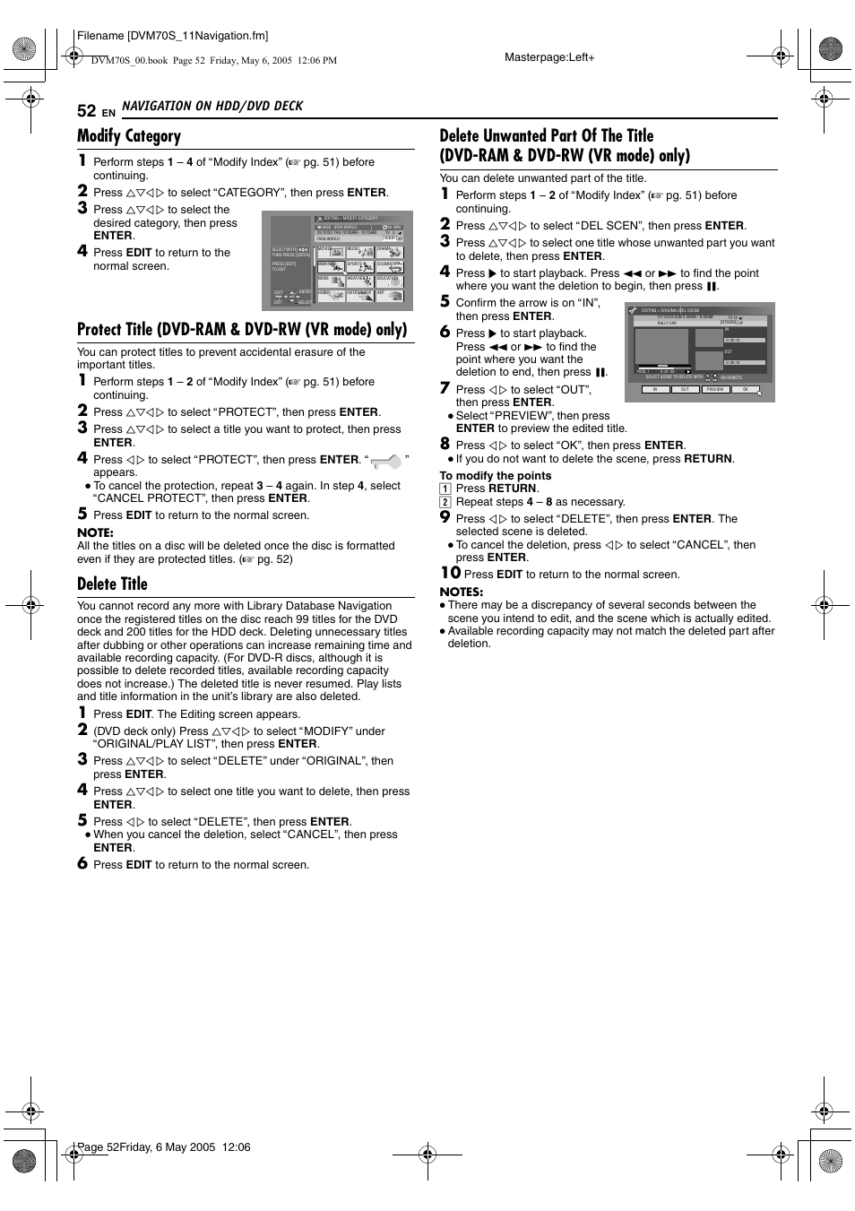 Modify category, Protect title (dvd-ram & dvd-rw (vr mode) only), Delete title | Navigation on hdd/dvd deck | JVC SR-DVM70US User Manual | Page 52 / 92