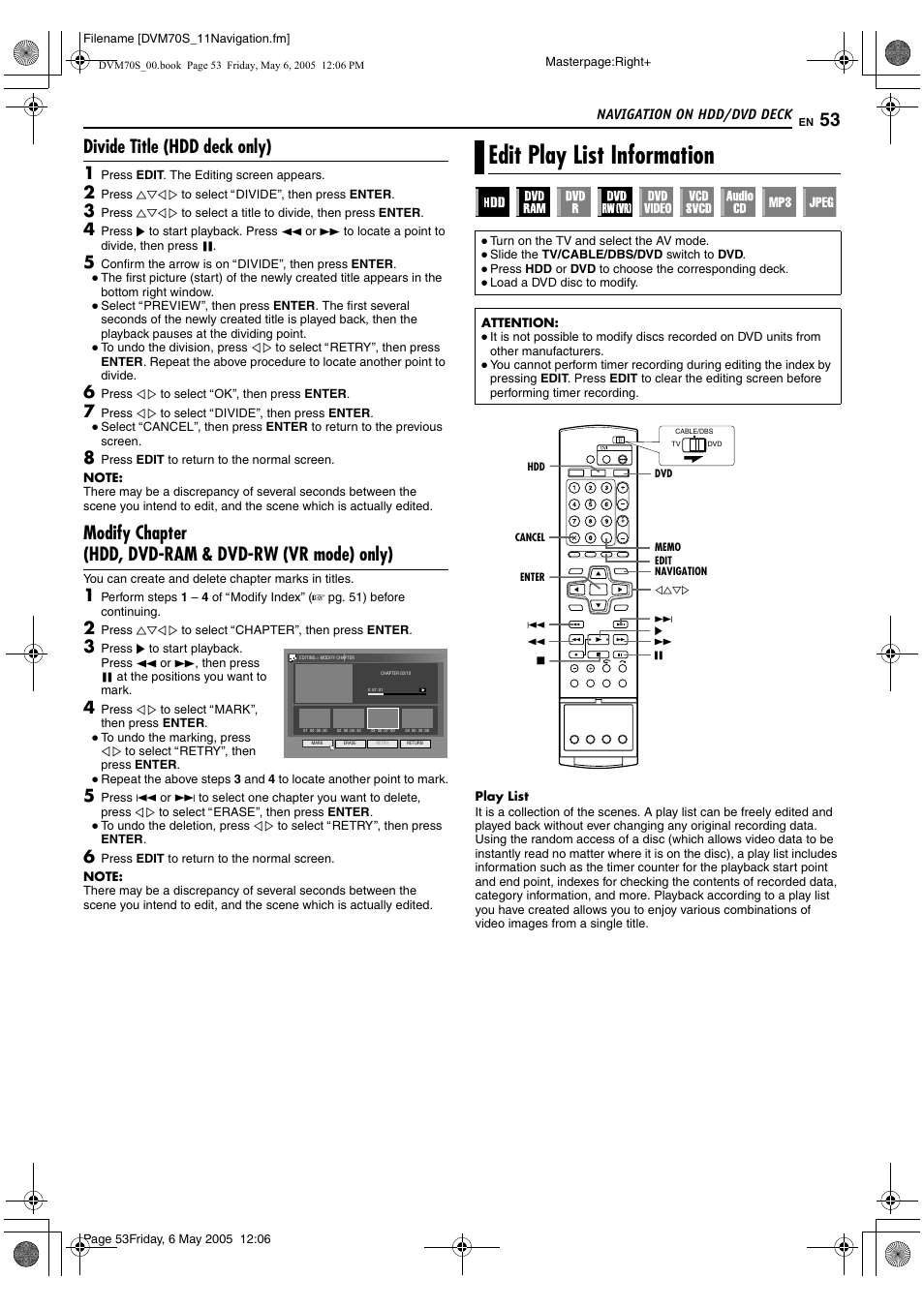 Divide title (hdd deck only), Edit play list information | JVC SR-DVM70US User Manual | Page 53 / 92