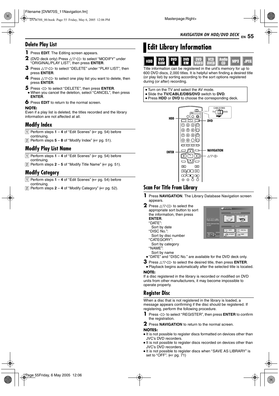 Delete play list, Modify index, Modify play list name | Modify category, Edit library information, Scan for title from library, Register disc | JVC SR-DVM70US User Manual | Page 55 / 92