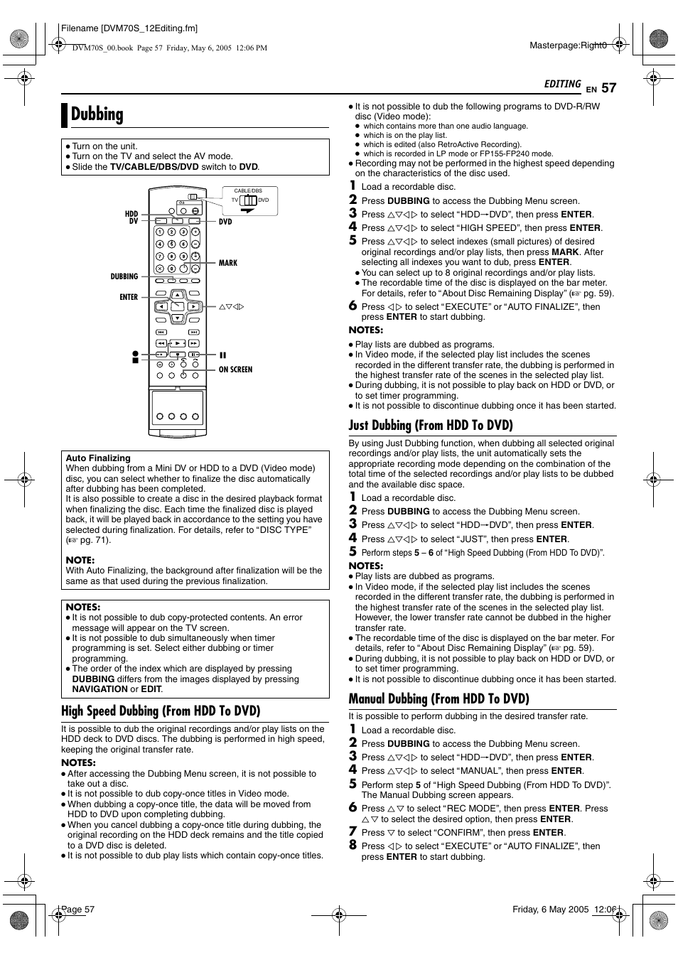 Editing, Dubbing, High speed dubbing (from hdd to dvd) | Just dubbing (from hdd to dvd), Manual dubbing (from hdd to dvd) | JVC SR-DVM70US User Manual | Page 57 / 92