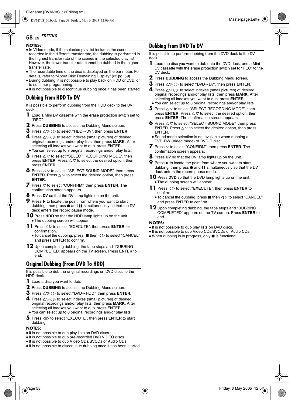 Dubbing from hdd to dv, Original dubbing (from dvd to hdd), Dubbing from dvd to dv | JVC SR-DVM70US User Manual | Page 58 / 92