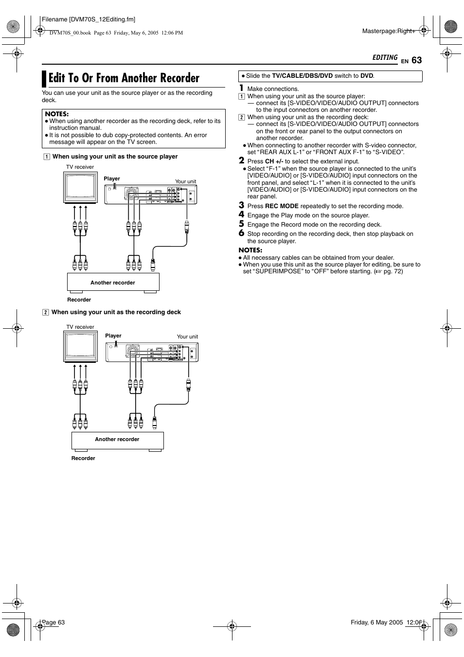 Edit to or from another recorder | JVC SR-DVM70US User Manual | Page 63 / 92