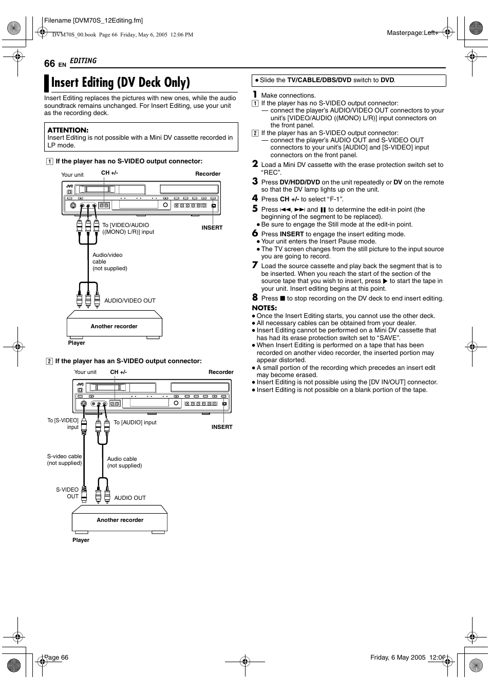 Insert editing (dv deck only) | JVC SR-DVM70US User Manual | Page 66 / 92