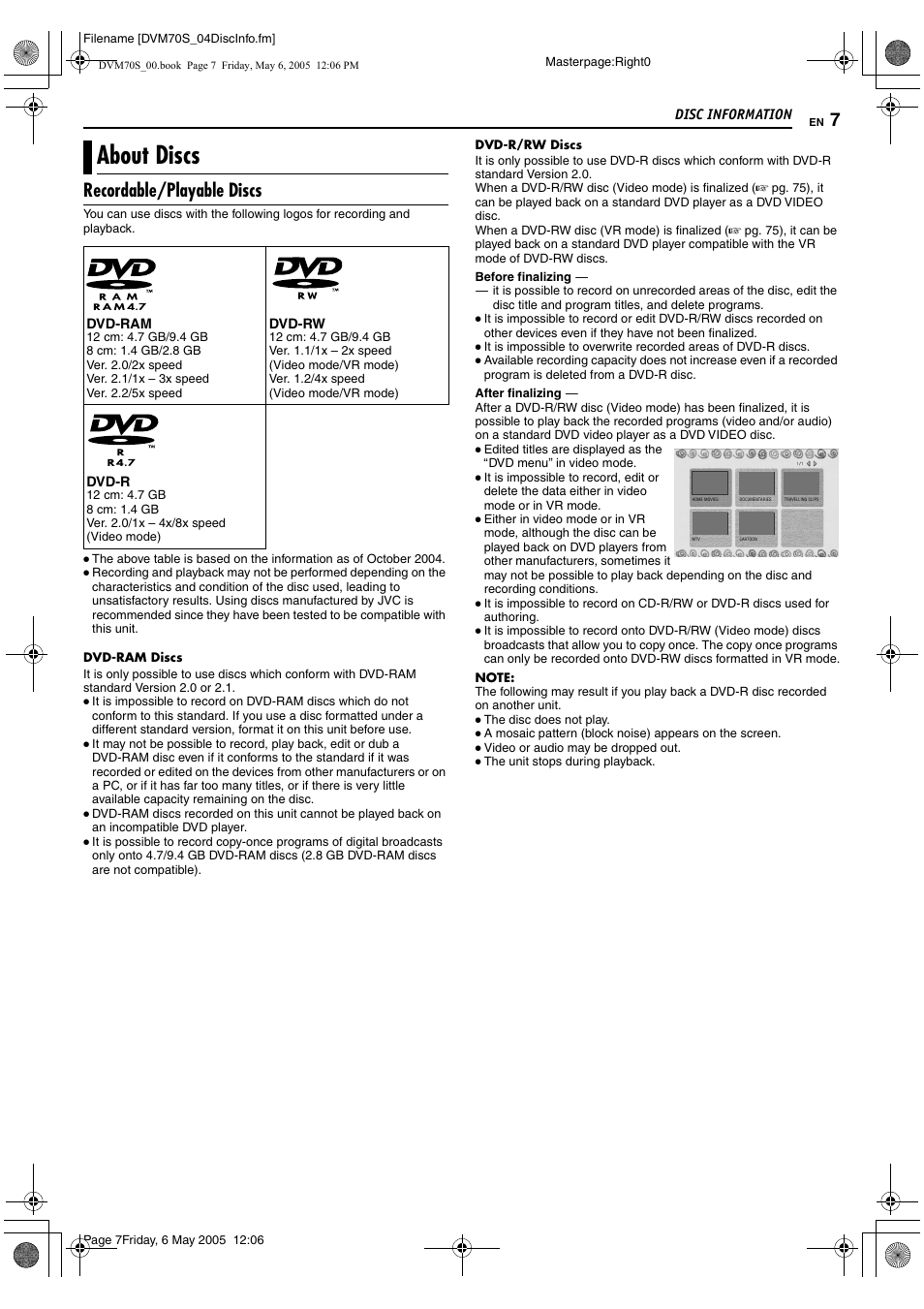 Disc information, About discs, Recordable/playable discs | JVC SR-DVM70US User Manual | Page 7 / 92