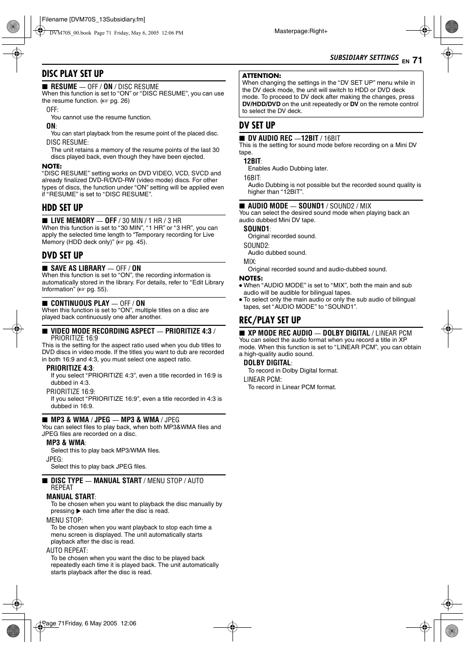 Disc play set up, Hdd set up, Dvd set up | Dv set up, Rec/play set up | JVC SR-DVM70US User Manual | Page 71 / 92