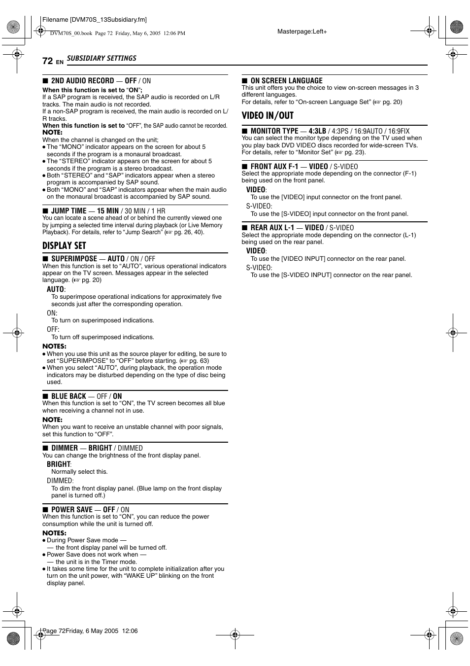 Display set, Video in/out | JVC SR-DVM70US User Manual | Page 72 / 92