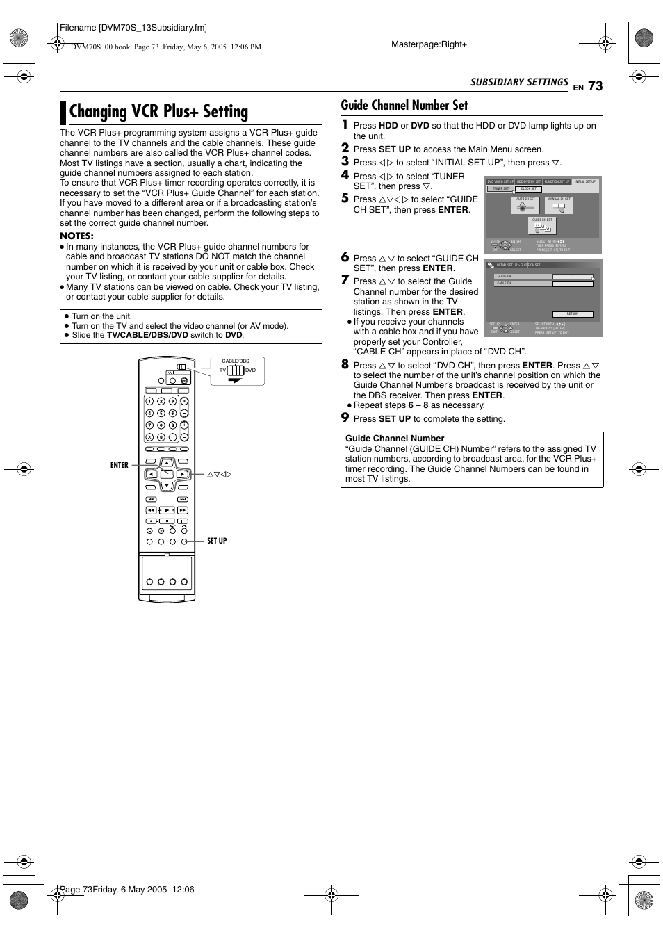 Changing vcr plus+ setting, Guide channel number set, Subsidiary settings | JVC SR-DVM70US User Manual | Page 73 / 92