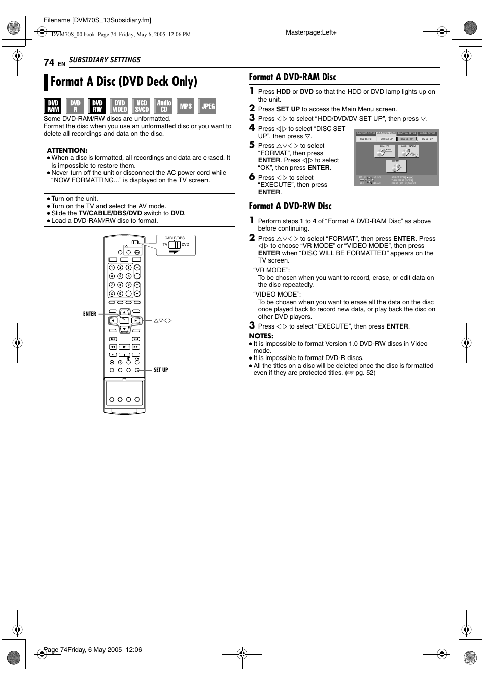 Format a disc (dvd deck only), Format a dvd-ram disc, Format a dvd-rw disc | Subsidiary settings | JVC SR-DVM70US User Manual | Page 74 / 92