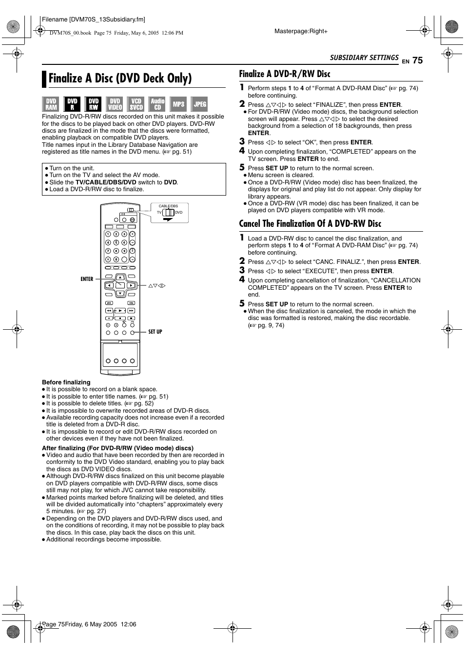 Finalize a disc (dvd deck only), Finalize a dvd-r/rw disc, Cancel the finalization of a dvd-rw disc | JVC SR-DVM70US User Manual | Page 75 / 92
