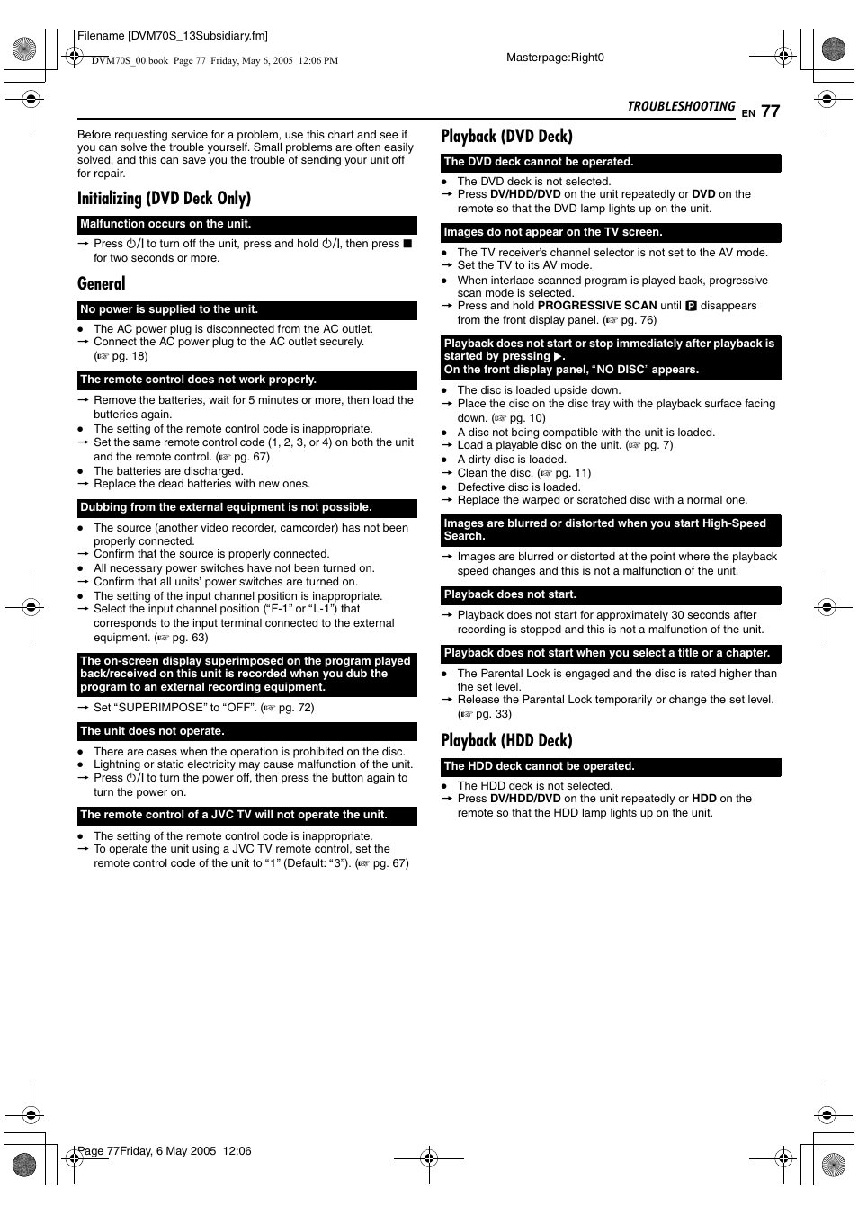 Troubleshooting, Initializing (dvd deck only), General | Playback (dvd deck), Playback (hdd deck) | JVC SR-DVM70US User Manual | Page 77 / 92