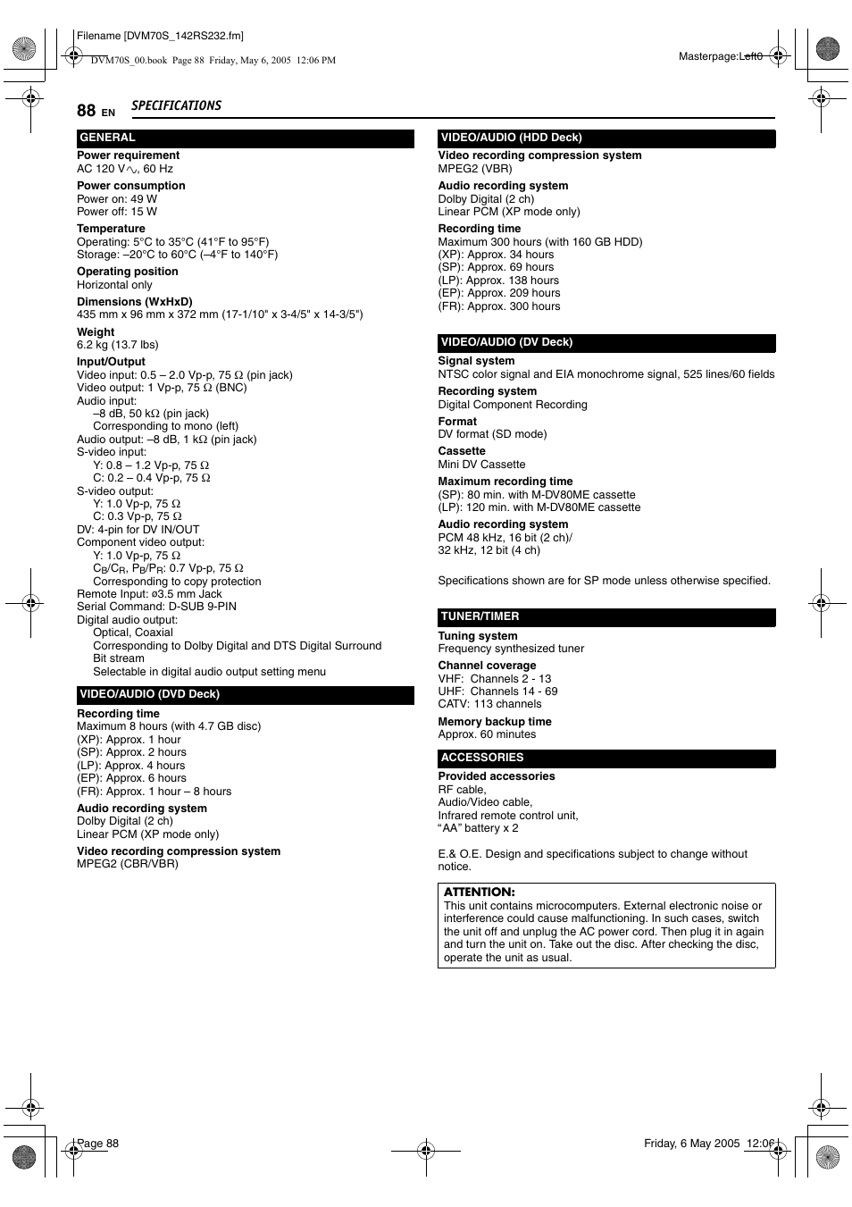 Specifications | JVC SR-DVM70US User Manual | Page 88 / 92