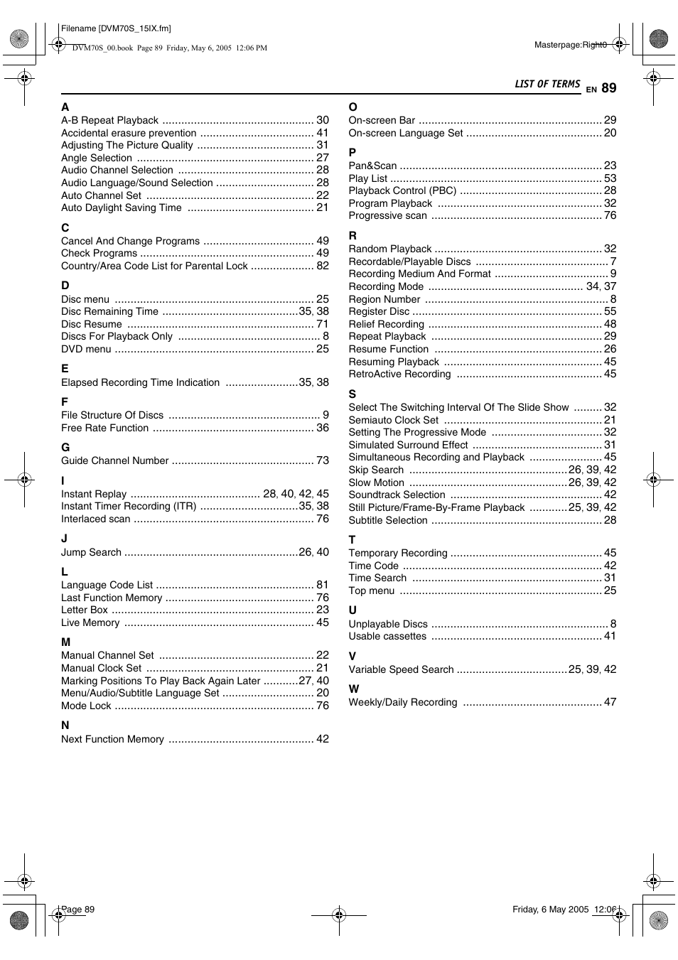 List of terms | JVC SR-DVM70US User Manual | Page 89 / 92