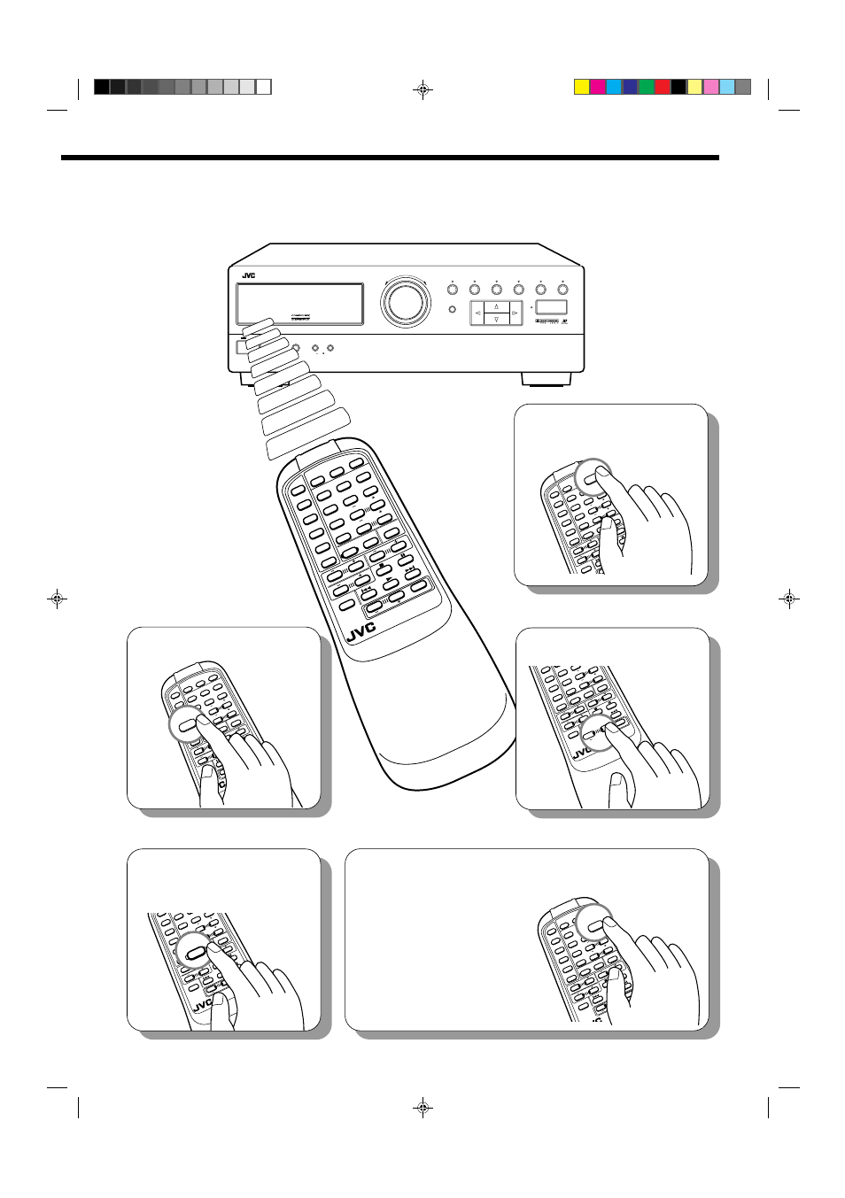 Set the remote control to sound operation mode, Select the source, Turn on the | Power, Adjust the volume | JVC RX-554VBK User Manual | Page 7 / 44