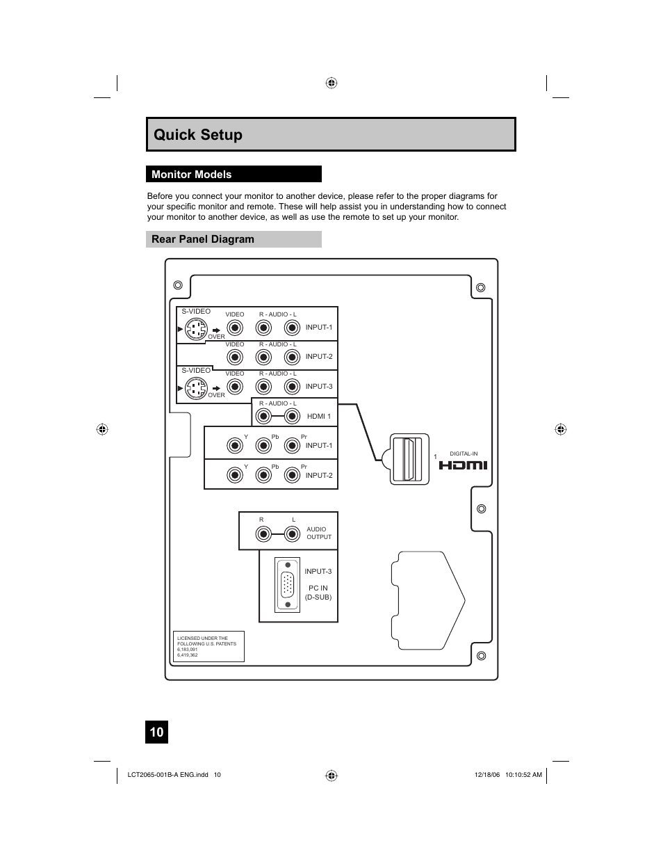 Monitor models, Rear panel diagram, Quick setup | Rear panel diagram monitor models | JVC HD-61G587 User Manual | Page 10 / 72