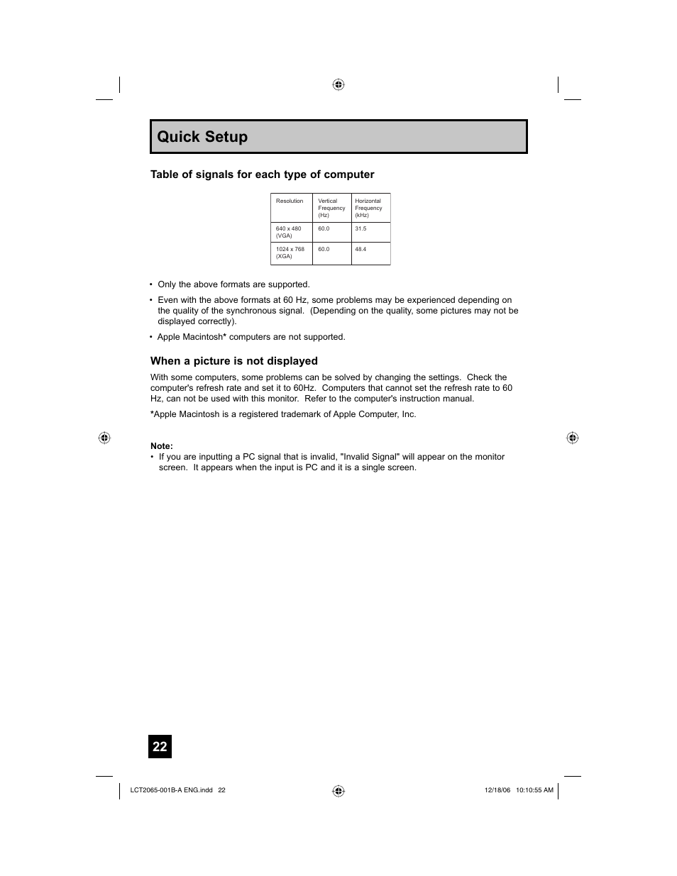 Quick setup, Table of signals for each type of computer, When a picture is not displayed | JVC HD-61G587 User Manual | Page 22 / 72