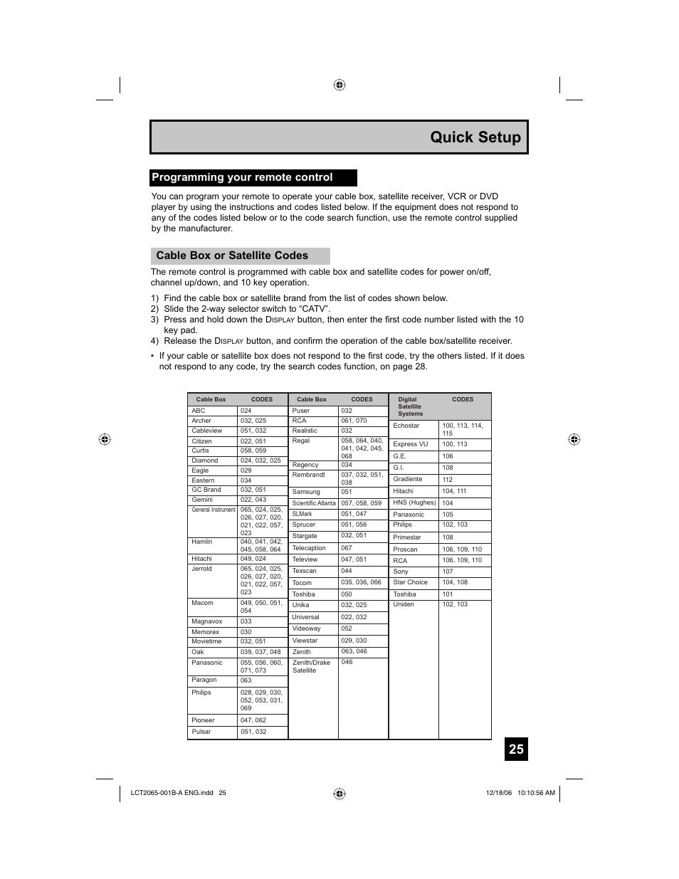 Programming your remote control, Quick setup, Cable box or satellite codes | JVC HD-61G587 User Manual | Page 25 / 72