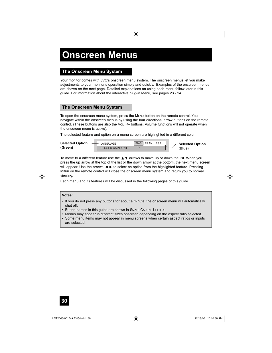 The onscreen menu system, Onscreen menus | JVC HD-61G587 User Manual | Page 30 / 72