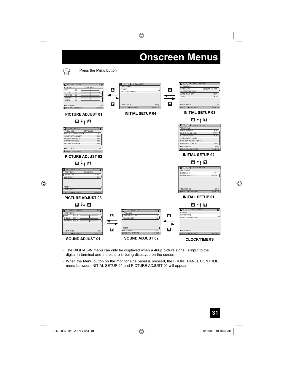 Onscreen menus, Picture adjust 01, Picture adjust 02 | Sound adjust 01, Clock/timers, Initial setup 04 initial setup 03, Initial setup 02, Sound adjust 02, Picture adjust 03 press the m, Button | JVC HD-61G587 User Manual | Page 31 / 72