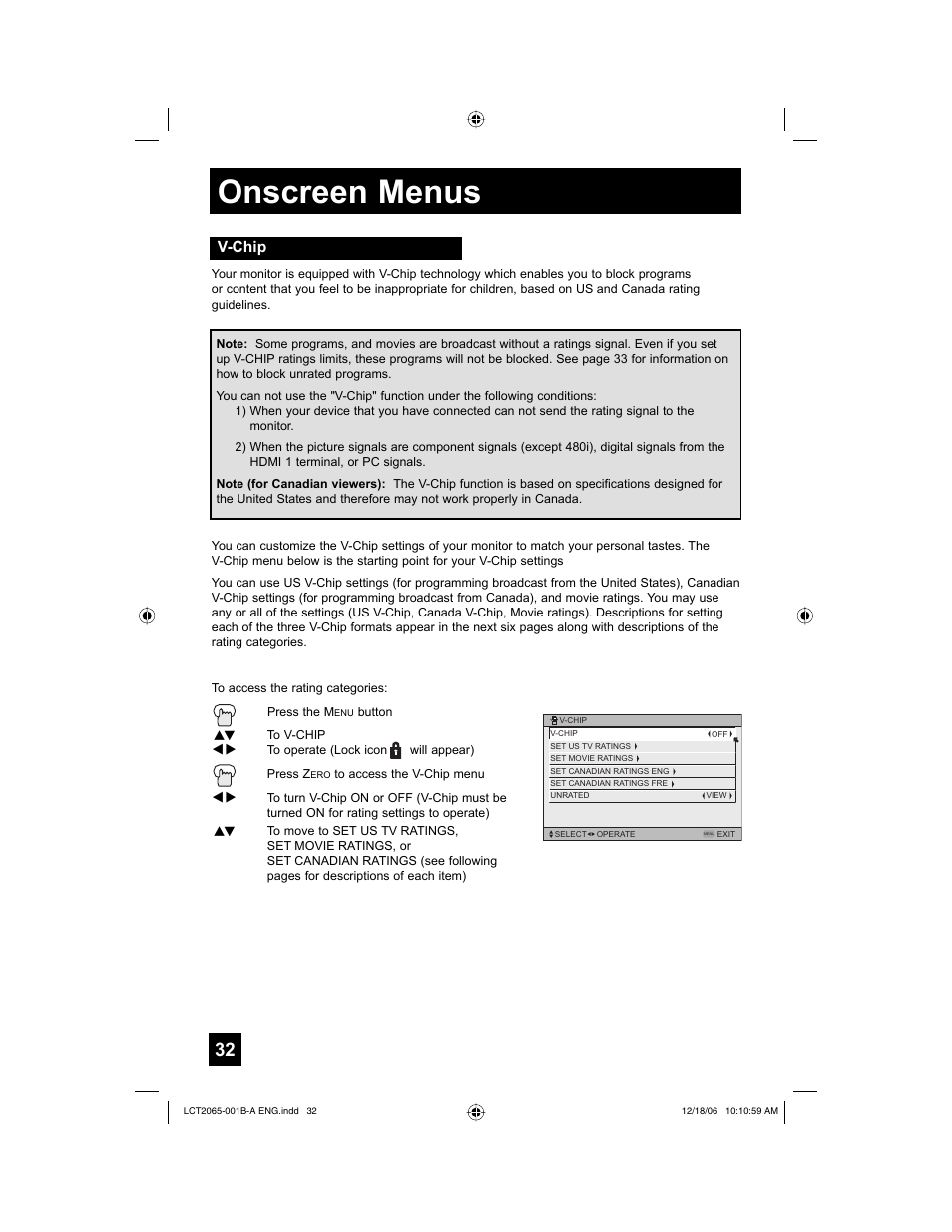 V-chip, Onscreen menus | JVC HD-61G587 User Manual | Page 32 / 72