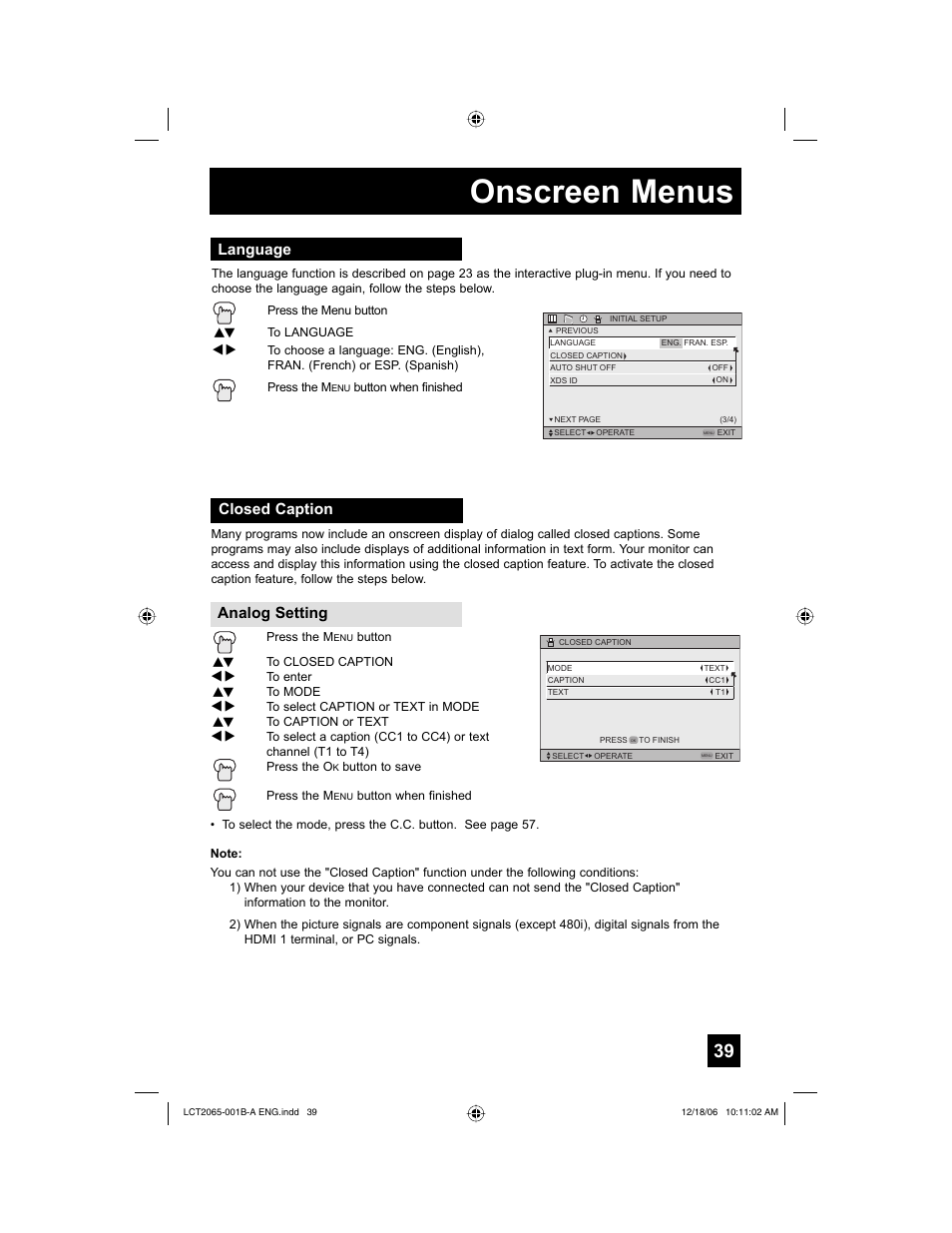 Language, Closed caption, Onscreen menus | Closed caption analog setting | JVC HD-61G587 User Manual | Page 39 / 72