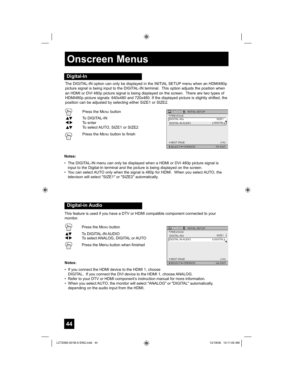 Digital-in, Digital-in audio, Onscreen menus | Digital-in digital-in audio | JVC HD-61G587 User Manual | Page 44 / 72