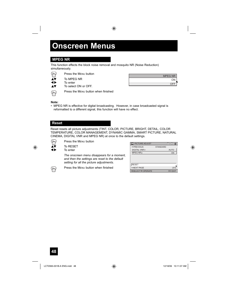 Mpeg nr, Reset, Onscreen menus | JVC HD-61G587 User Manual | Page 48 / 72