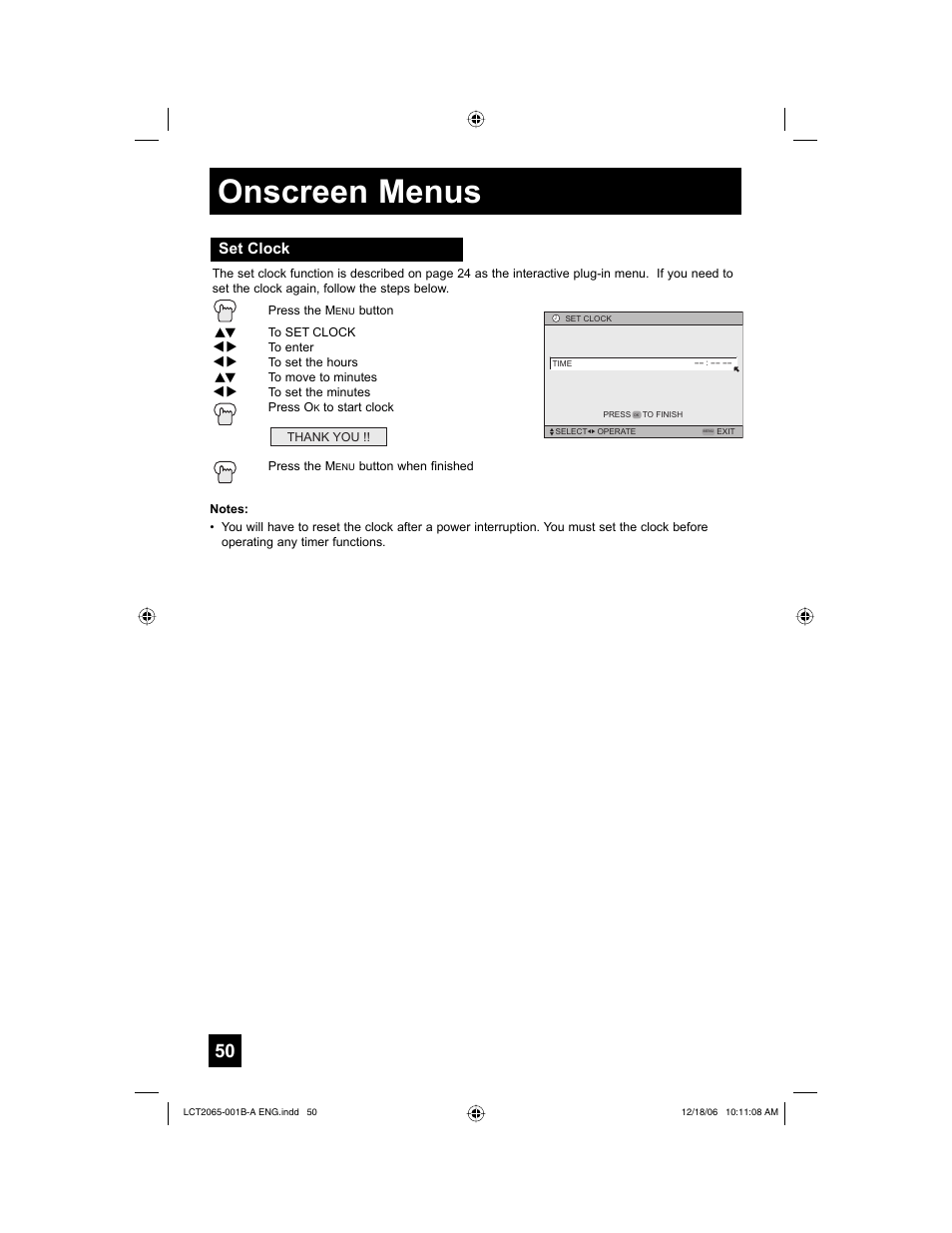 Set clock, Onscreen menus | JVC HD-61G587 User Manual | Page 50 / 72