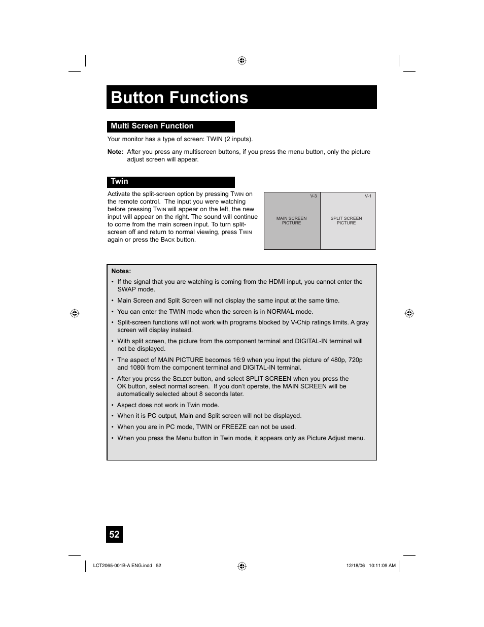 Button functions, Multi screen function, Twin | JVC HD-61G587 User Manual | Page 52 / 72