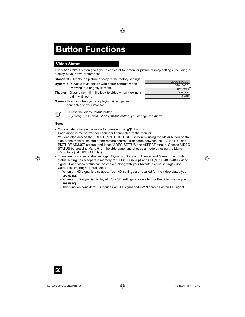 Video status, Button functions | JVC HD-61G587 User Manual | Page 56 / 72