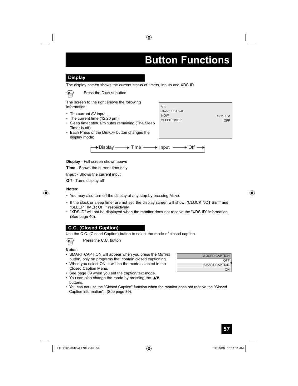 Display, C.c. (closed caption), Button functions | JVC HD-61G587 User Manual | Page 57 / 72