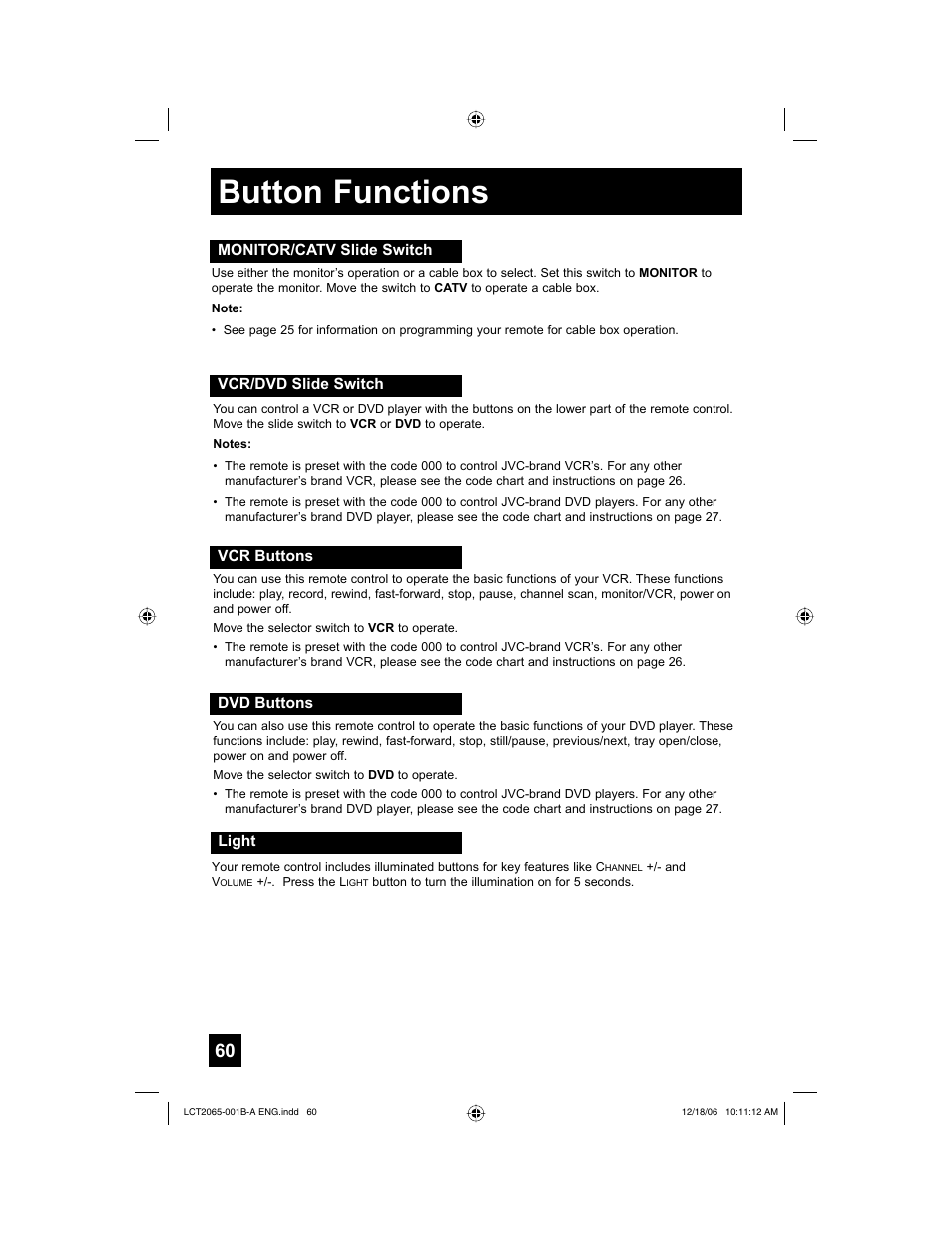 Monitor/catv slide switch, Vcr/dvd slide switch, Vcr buttons | Dvd buttons, Light, Button functions | JVC HD-61G587 User Manual | Page 60 / 72