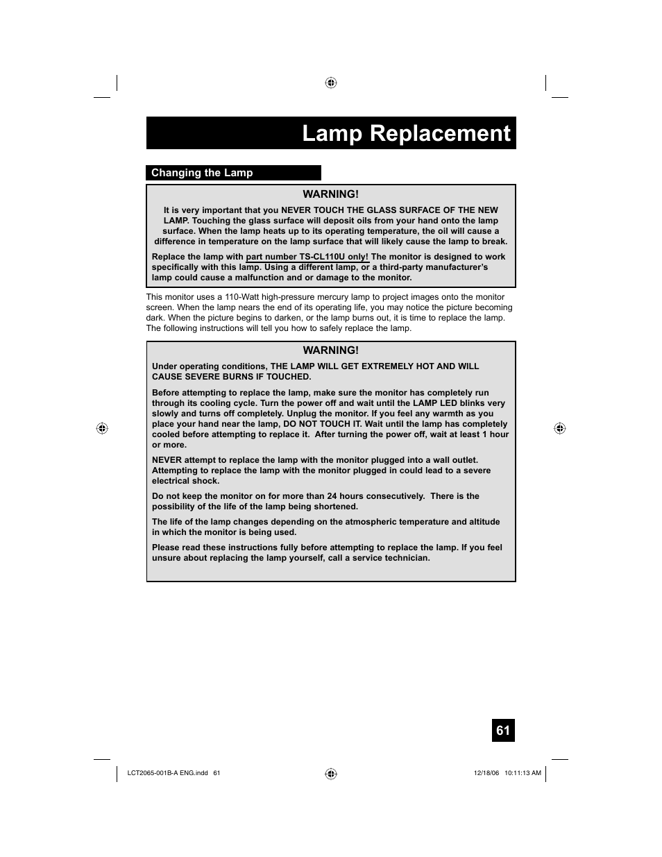 Lamp replacement, Changing the lamp | JVC HD-61G587 User Manual | Page 61 / 72