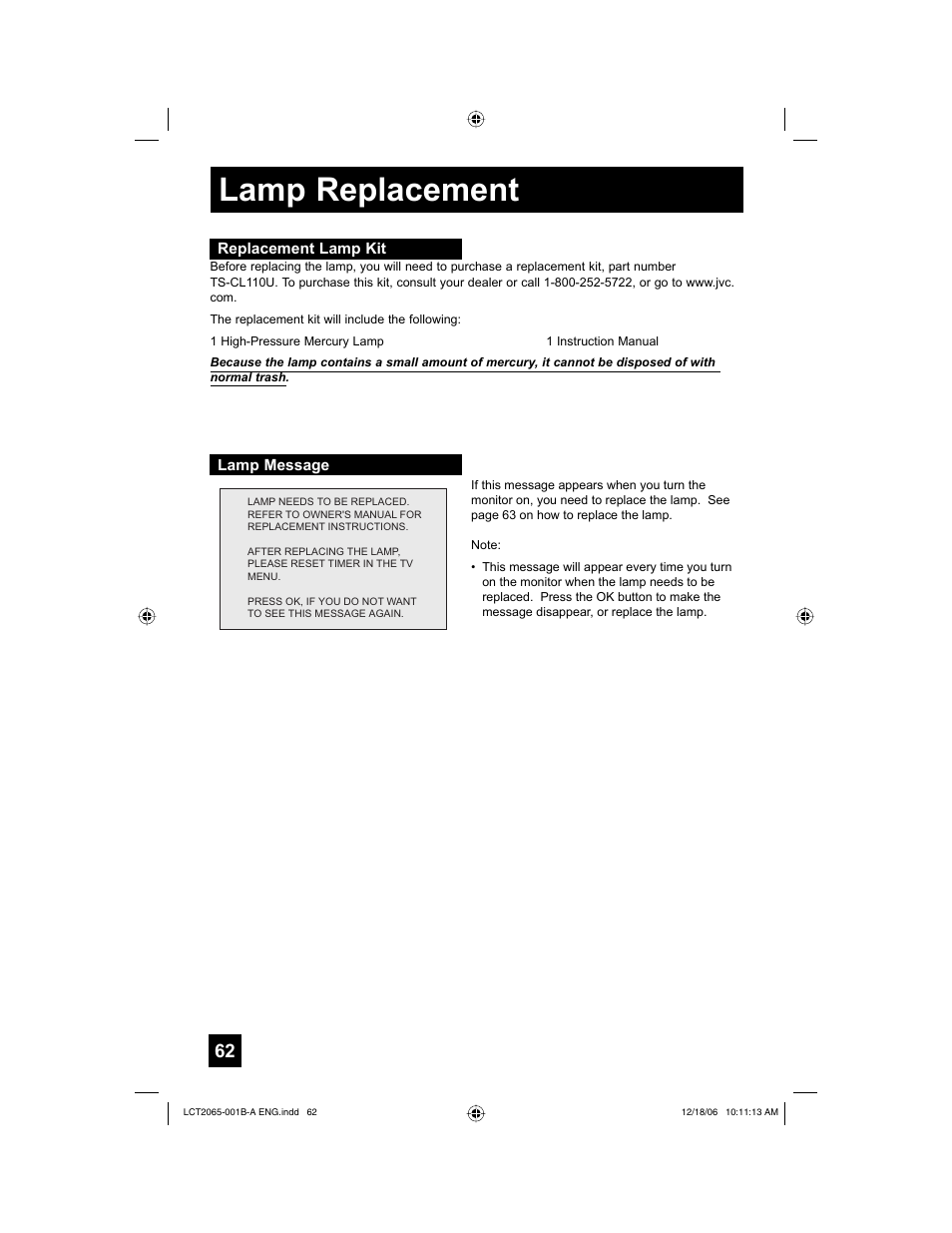 Replacement lamp kit, Lamp message, Lamp replacement | JVC HD-61G587 User Manual | Page 62 / 72