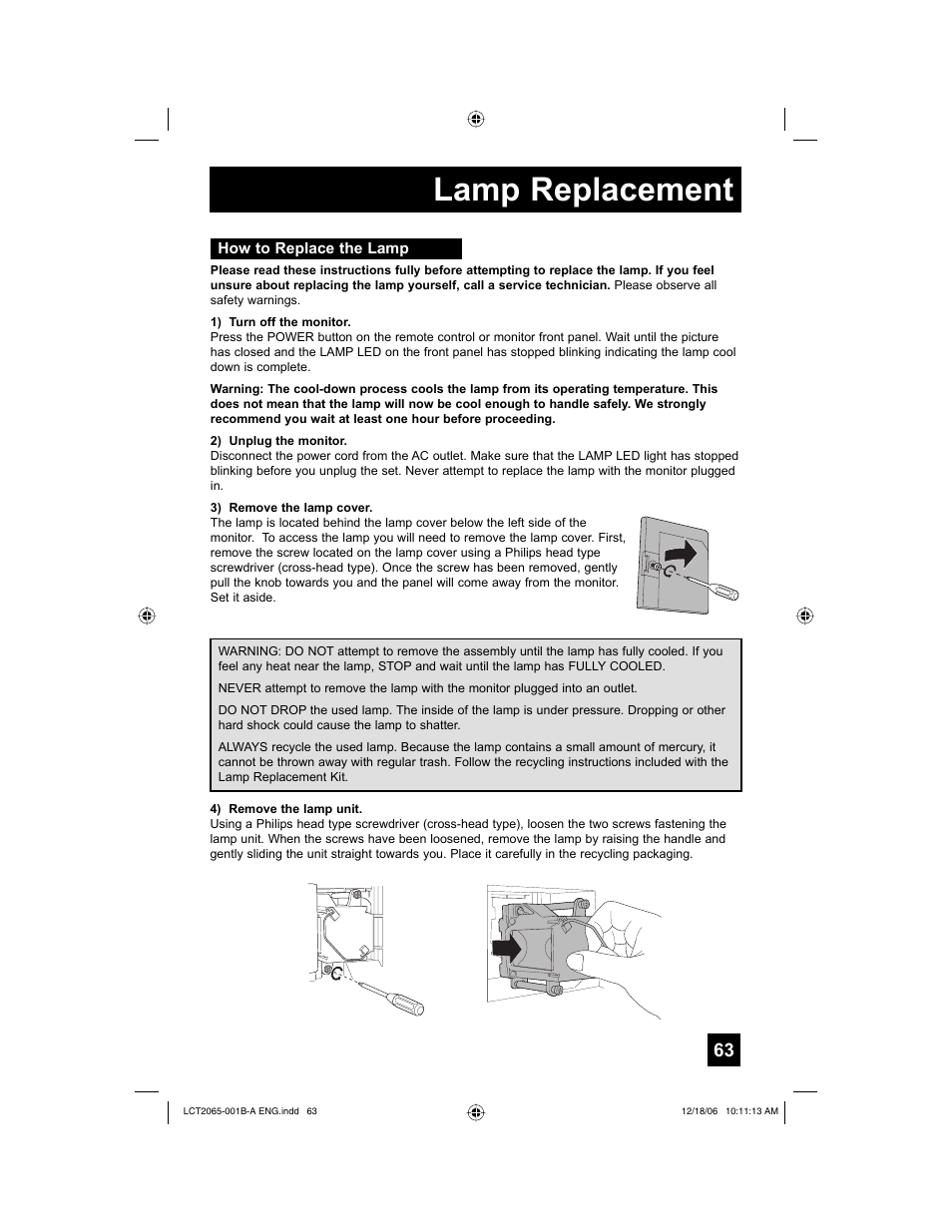 How to replace the lamp, Lamp replacement | JVC HD-61G587 User Manual | Page 63 / 72