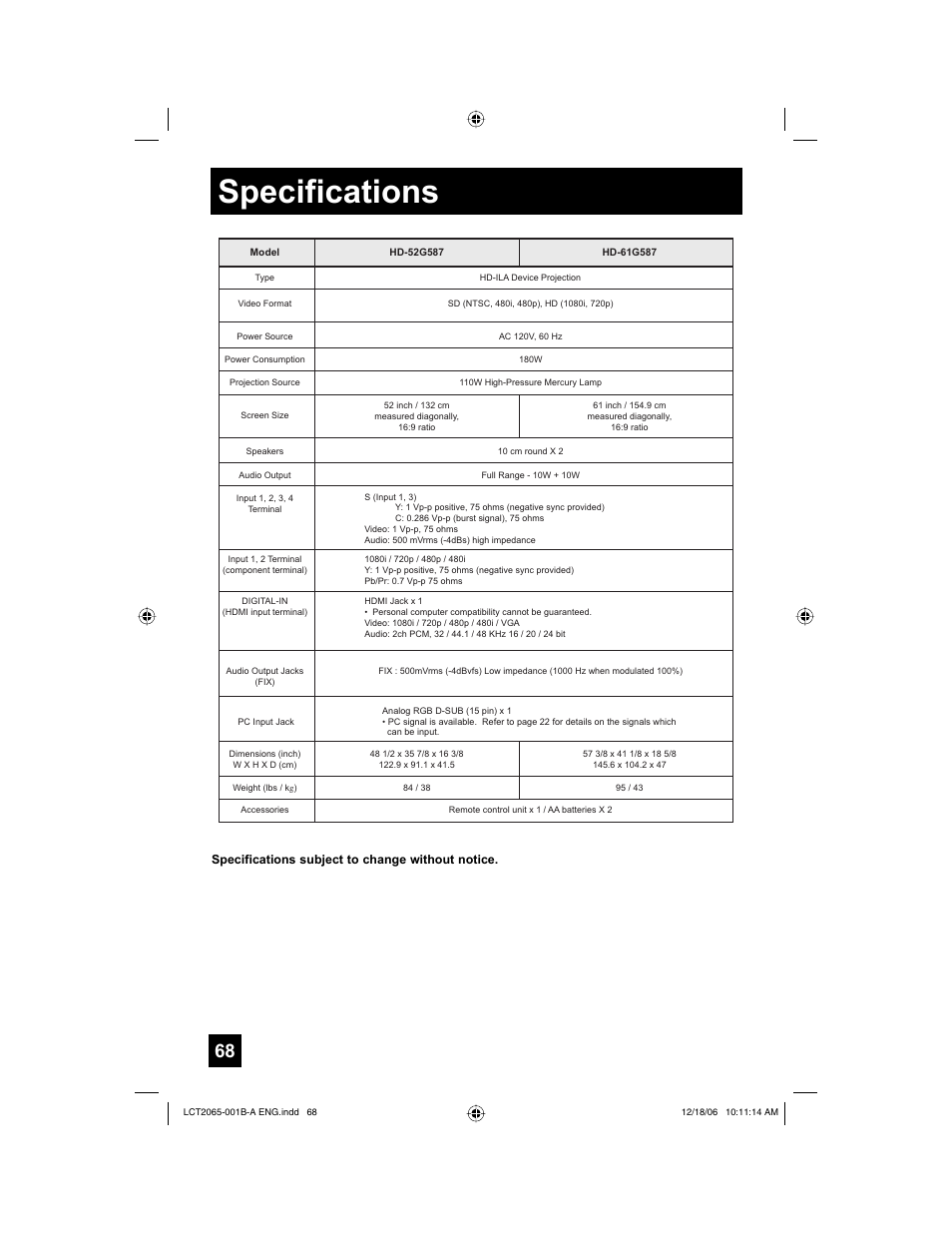 Specifications | JVC HD-61G587 User Manual | Page 68 / 72