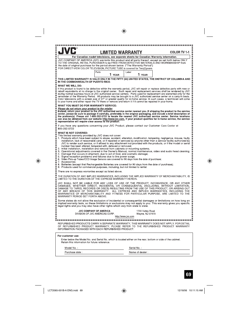 Limited warranty | JVC HD-61G587 User Manual | Page 69 / 72