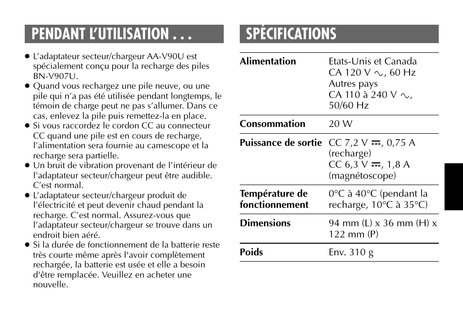 Pendant l’utilisation . . . spécifications | JVC AA-V90U User Manual | Page 13 / 20