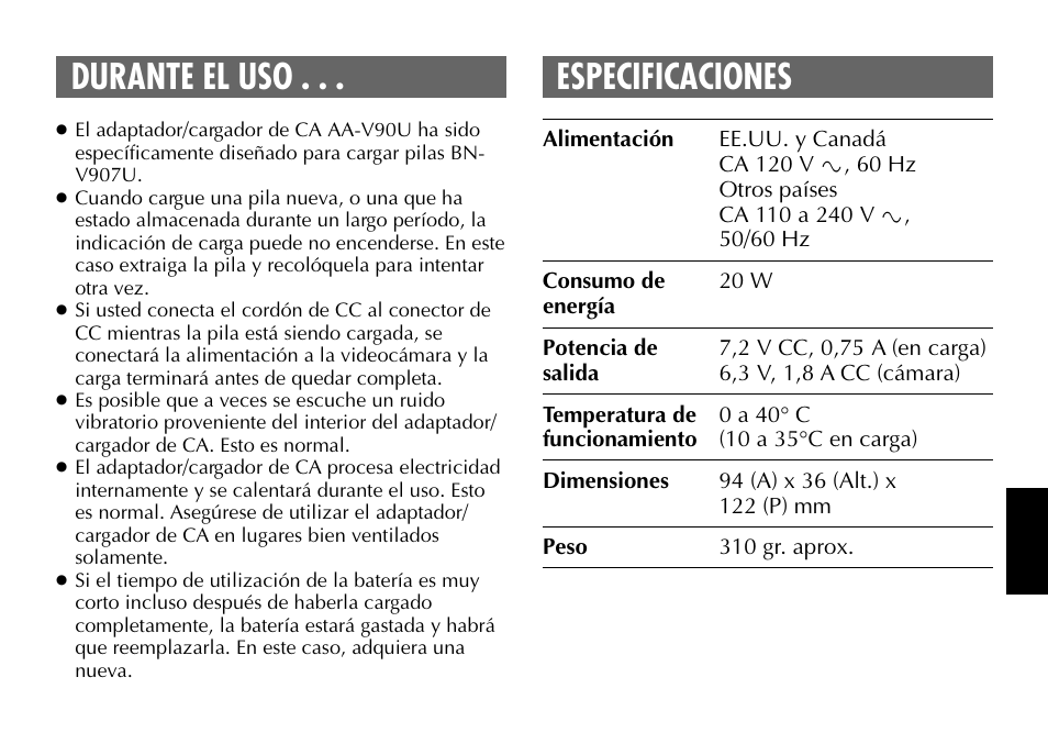 Durante el uso . . . especificaciones | JVC AA-V90U User Manual | Page 19 / 20
