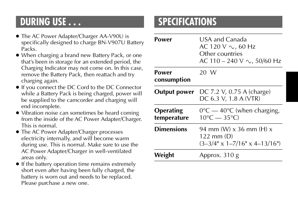 During use . . . specifications | JVC AA-V90U User Manual | Page 7 / 20