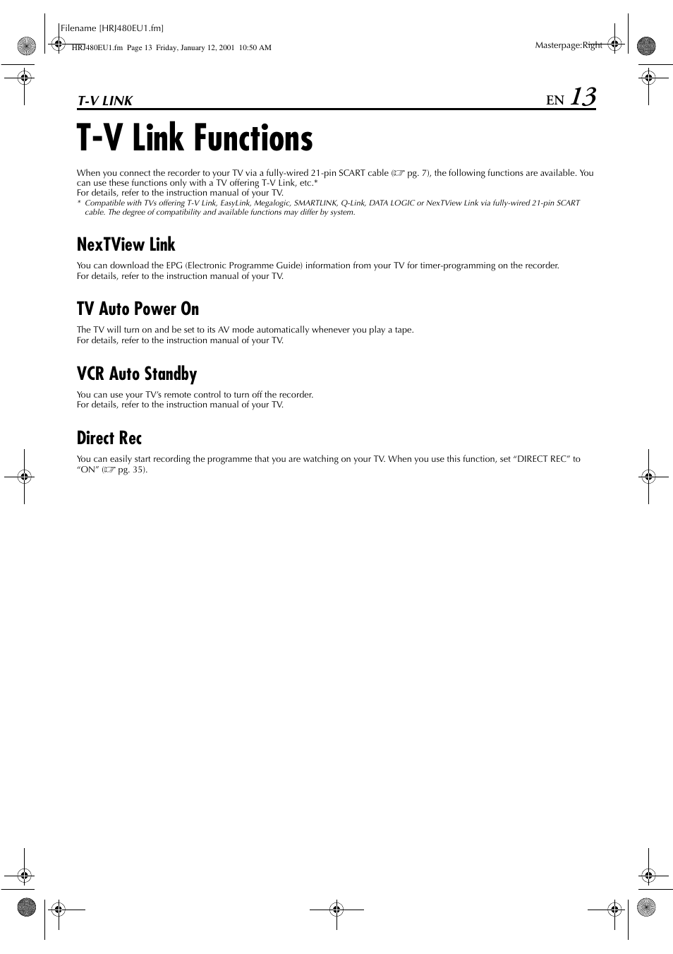 T-v link functions, Nextview link, Tv auto power on | Vcr auto standby, Direct rec | JVC HR-J280 User Manual | Page 13 / 52